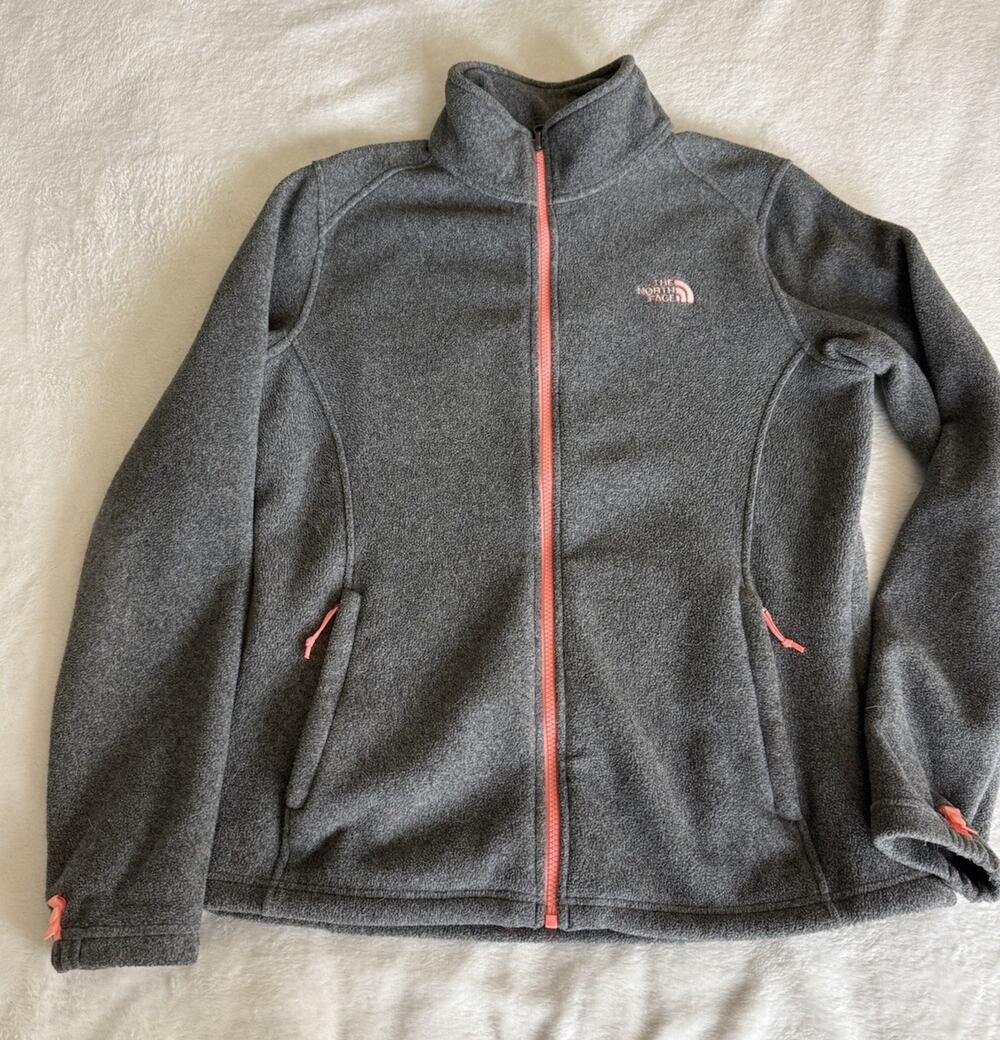 The North Face Women's Large Gray Fleece Full Zip Jacket Coral Pink Zipper Logo